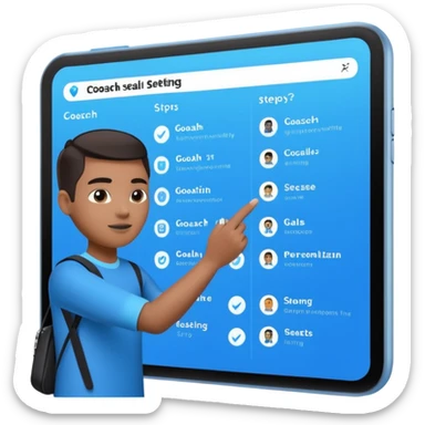 Create an image of an AI coach helping people set goals based on their hobbies. Show a person chatting with the AI, where the screen displays a list of steps and goals. Add elements of progress and personalization. Use a color palette that is associated with technology and innovation. sticker