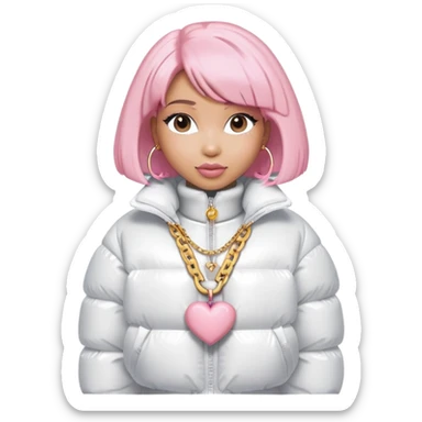 nicki minaj with a light pink bob and an all white outfit with a white puffer coat and a big oversized heart neck chain  sticker