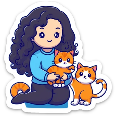 girl with long black curly hair holding a ginger cat sticker