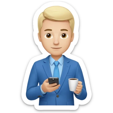 Confident male entrepreneur, Caucasian features, blonde hair, defined eyebrows, slight smile, wearing blue blazer over light blue shirt, holding a smartphone in one hand and a coffee cup in the other, waist-up, front-facing sticker