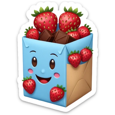 a pale blue package surrounded by strawberries dipped in chocolate, emoji style sticker