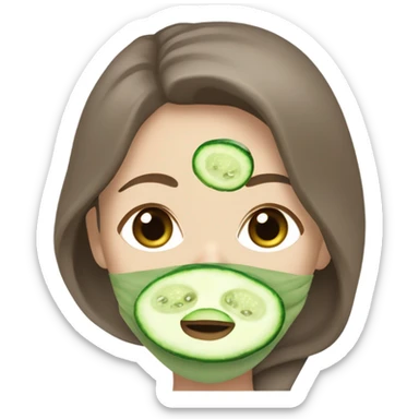 White girl with Brown hair and blue eyes wears a Green colored clay mask and puts on cucumbers around her eyes while She relaxes in her white Robe sticker