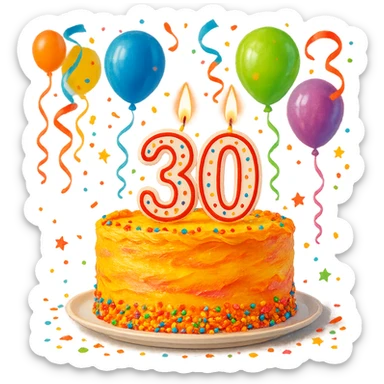 birthday cake with a candle in the form of the number 30, vibrant, party atmosphere, no text on cake sticker