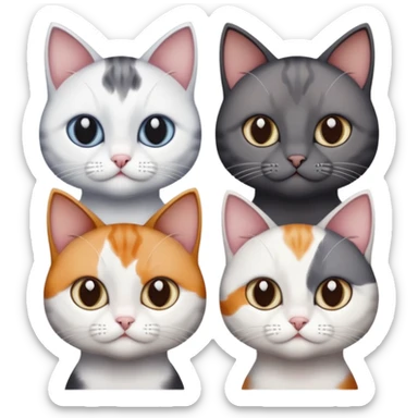 4 different coloured short haired cats including; a dark brown and white cat, and a dark grey and white, and a calico sticker