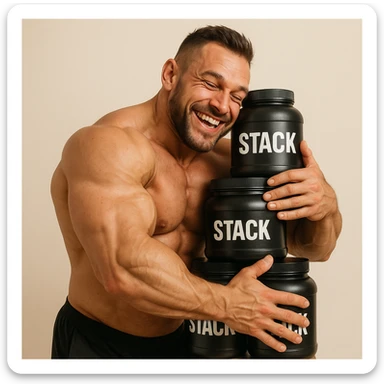 hyper realistic muscular bodybuilder happily hugging a stack of supplements labeled 'stack', joyful expression, realistic details, positive atmosphere, light background sticker