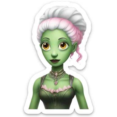 a green amazon alien woman in Victorian white gold pink hair full body  sticker