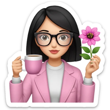 Chica de pelo negro ojos negros y piel morena con lentes oversize square con ropa bonita m pantallas pequenas de cristal , en la mano derecha una taza de cafe en color rosa con una flor negra de diseno. Sentada mirando la television. sticker