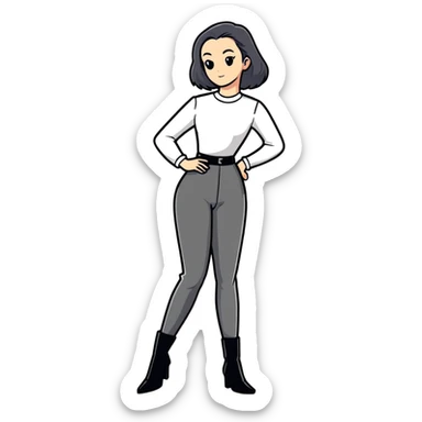 female character with oval-shaped flat-top head wearing tight black pants and black medieval high-heeled boots sticker