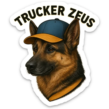 Make the German Shepherd dog more realistic, keep the words 'Trucker Zeus' over top, preserve the original style. Remove the background. The original style is a detailed illustration with text overlay. sticker