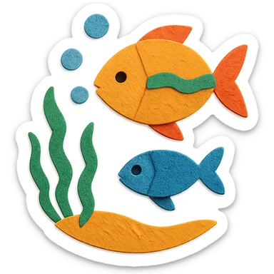 underwater ocean scene with fish, seaweed, and bubbles in vibrant colors in paper-craft style sticker