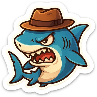 mad shark in a fedora, stylized, energetic, chibi stickers style, vibrant colors sticker