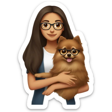 Hispanic girl with long Brown hair with glasses hugging  brown Pomeranian  sticker