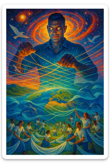 Uomo del 2030 al telaio gigante cosmico che tesse il destino del pianeta con fili di cotone stellare, ogni fibra naturale che intreccia ripara una parte dell'ecosistema terrestre, dita che brillano mentre guidano i fili di cotone attraverso dimensioni parallele, tessuto che si estende dall'atmosfera fino alle profondità marine, creature marine che nuotano attraverso le onde del tessuto acquatico, uccelli che volano seguendo i pattern del tessuto aereo, humanity unita che indossa vestiti di cotone e partecipa alla grande tessitura collettiva della salvezza planetaria sticker