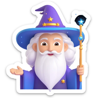 strange wizard, memoji style, with wild hair and magical sparkles sticker