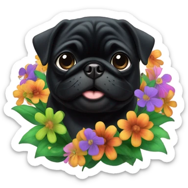 Black pug , surrounded by flowers, holding a green sign that says “good luck”  sticker