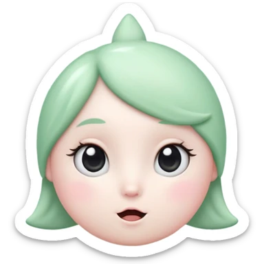A cute, light green animated character with big round black eyes, a small white mouth, and rosy cheeks. The character has a unique upward-curving white tuft on its head. It stands against a soft pastel green background with a small white star to its left.  sticker