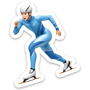 An icon showing a speed skater in a dynamic pose racing on a professional ice track, dressed in an aerodynamic suit. The scene includes a stadium with cheering crowds, icy reflections, and a snowy mountain backdrop. Transparent background captures the speed and intensity of the sport. sticker