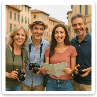 a group of Italian tourists, casual clothing, holding cameras and maps, cheerful expressions, travel vibe sticker