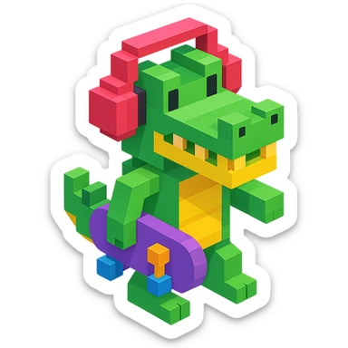 crocodile with headphones holding a skateboard, isometric view, voxel style sticker
