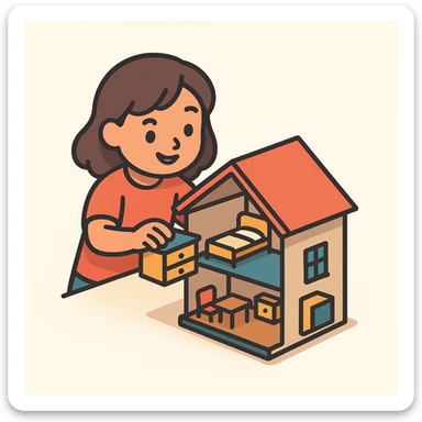 smiling girl arranging furniture in doll house sticker