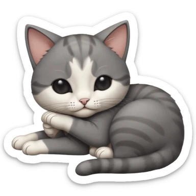 dark grey and white small cat with his eyes closed, leaning his head on his paw while leaning on his elbow lying down sticker