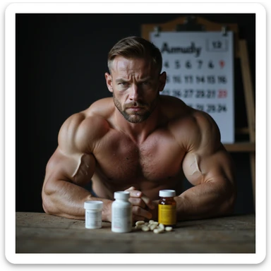 realistic muscular bodybuilder man with defined and dry muscles, serious expression, supplements and medical vials on table, behind him calendar with 12 months visible, dimly lit gym background with dramatic lighting, signs of tiredness on face sticker