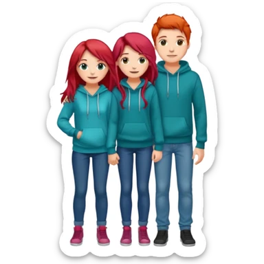 full-length happy couple, girl with long teal hair and brown eyes in colorful sweater, boy with red hair in jeans and hoodie sticker