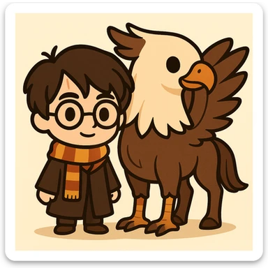 Illustration of Harry Potter and a hippogriff together in a cute, cartoon, simplified style similar to the example. Harry Potter full body with round glasses, scar on forehead, striped scarf, dark brown hair, Hogwarts robe, no wand. Hippogriff next to him with horse body, eagle head and wings, wings clearly visible and proportional, hippogriff clearly larger than Harry Potter. Bold black lines and soft colors. sticker