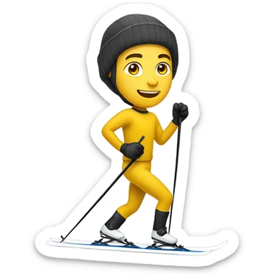 A white man in leggings and a yellow top cross country skiing sticker
