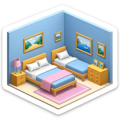 13 year old girls ultra realistic, ultra detailed large 3D view of bedroom, interior isometric sticker