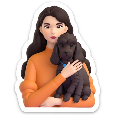 Kendall Jenner with long dark hair holding a brown poodle and a black schnauzer sticker