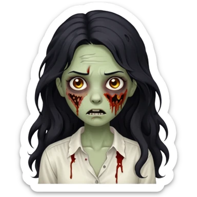 garota zumbi com cabelo preto ondulado longo blusa branca sem botões, lisa a blusa sticker