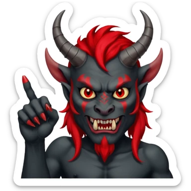 демон с чёрной как уголь кожей, красными клыками, двумя красными рогами торчащими у него изо лба, красной гривой и глазами показывает пальцем в нас sticker