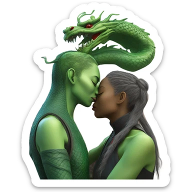 Photo realistic, alien female green, kissing and embracing china dragon sticker