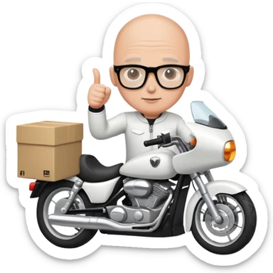 Homem careca de óculos com armação de cor preta, mostrando o dedo polegar, em cima de uma motocicleta de cor branca e com um baú caixa na cor branca. sticker