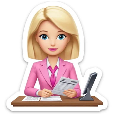 Blonde accountant Barbie doing taxes, pink outfit  sticker