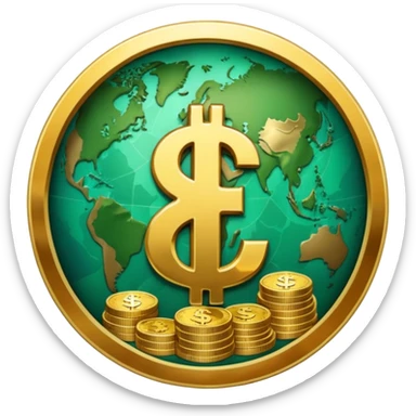 An icon featuring  a dollar sign, and a chart with upward trends, symbolizing economics. The design includes coins, bills, and earth e, representing global trade and financial systems. Transparent background highlights the study of markets, supply, and demand. sticker
