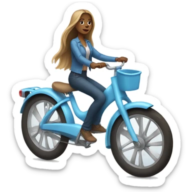 Girl riding baby blue bike, she has light brown long hair sticker