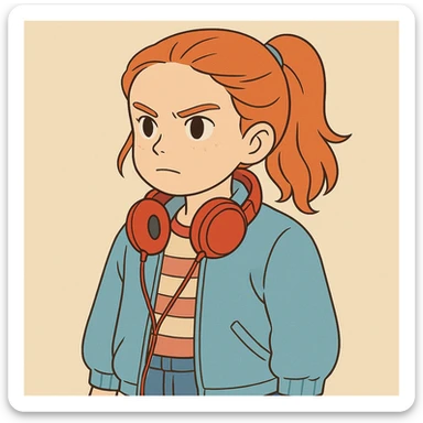 Max Mayfield from Stranger Things with iconic look: blue jacket, red headphones, red hair tied in a ponytail, determined expression, simple line art, light pastel tones, thick outlines, Ghibli style, square 1:1 format. sticker