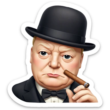Cinematic Realistic Winston Churchill Portrait Emoji, depicted as a resolute British statesman with a signature bowler hat and a cigar, exuding determined leadership and wartime valor, rendered with lifelike textures and dramatic vintage lighting that captures his iconic British spirit. sticker