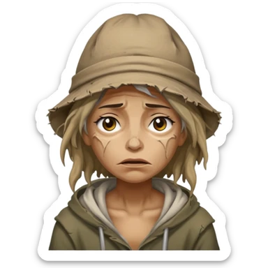 very dirty looking homeless woman with ripped hat with ugly hair sticker