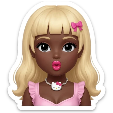 heart shaped lips, cute glossy lips, doll eyes with long lashes, dark brown skin, blonde hair, big chest, hello kitty necklace, one bow clip, bimbocore outfit sticker