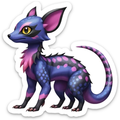 Rare epic aesthetic colorful Salandit-Noibat-Eevee-Civet-species-Fakemon-hybrid-creature, with markings, full body sticker
