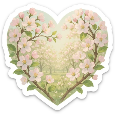 heart with a spring apple blossom orchard, clean digital illustration, no background sticker