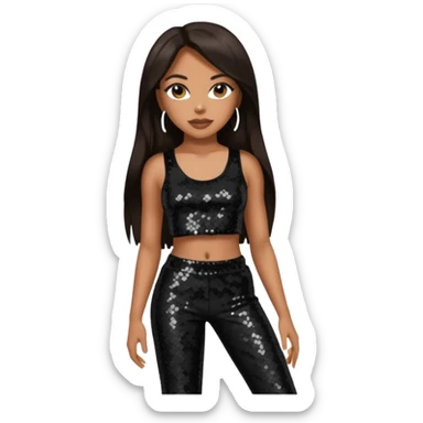 Aaliyah with long dark brown hair, black sequin crop top, black sequin pants sticker