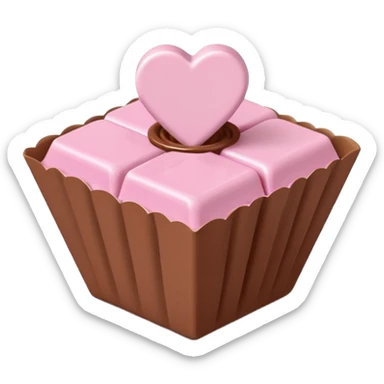 Two square milk chocolate , Each praline is a sharp-edged cube with smooth glossy chocolate coating, placed in a small white fluted paper candy cup. On top of each cube is a flat pastel pink heart-shaped icing sticker