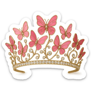 butterfly crown with a pink base, butterflies in various pink enamel shades, sparkling gems, transparent background sticker