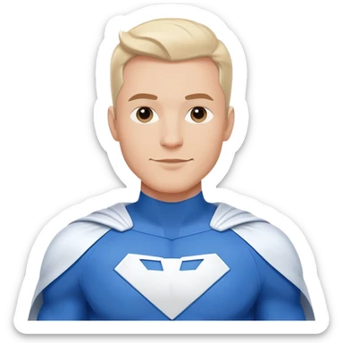 Emoji of a friendly, clean-shaven man in a sleek blue and white superhero suit. The suit has a large blank area on the chest for a logo. Cheerful expression, confident and kind pose, minimalist style sticker
