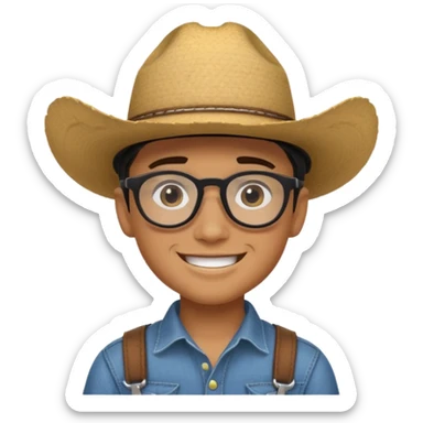 Smiling boy with cow boy hat . With chin strap and black glasses  sticker
