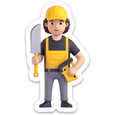 create a character with a saw, cute guy, curly, in a black t-shirt and a yellow cap, in 3d sticker